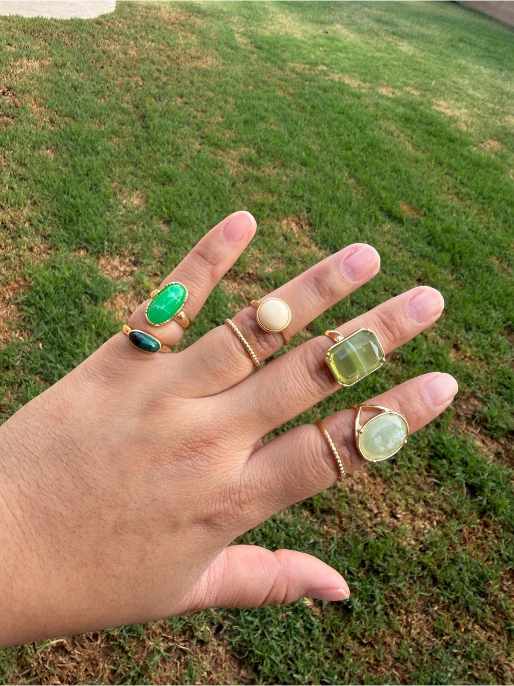 7 Gold Stackable Rings - Green and Cream - Picture 3 of 4